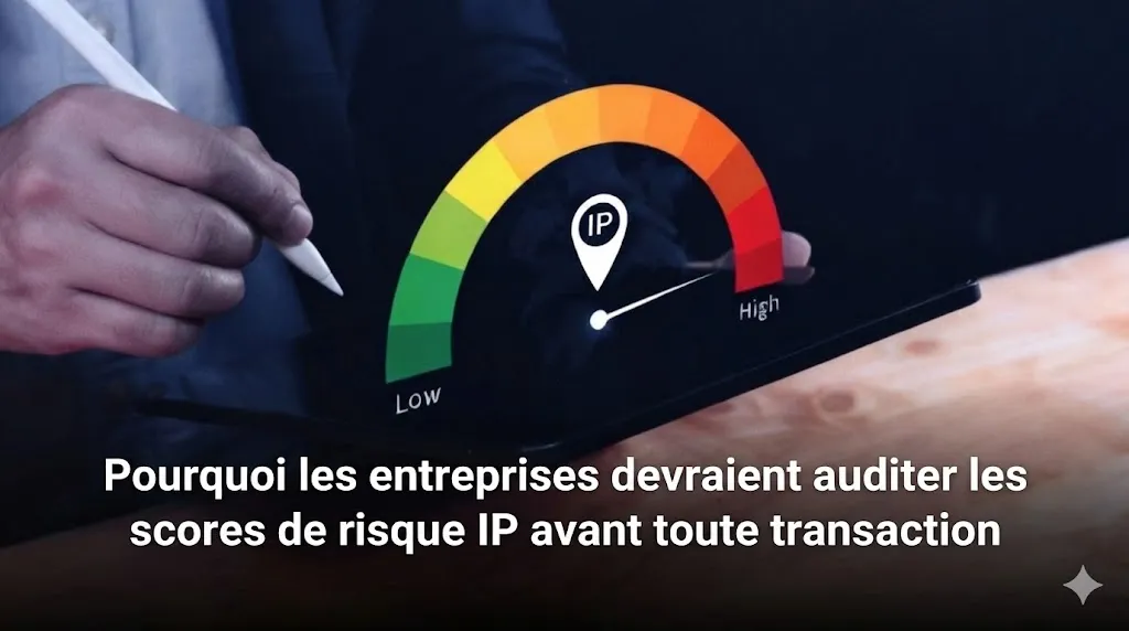 Gros plan sur des mains utilisant un stylet pour pointer sur une tablette. L'écran de la tablette affiche une jauge de risque colorée allant de "Low" (Bas) en vert à "High" (Élevé) en rouge, avec une aiguille pointant vers la zone rouge et une icône de localisation "IP". Le texte en bas de l'image indique : "Pourquoi les entreprises devraient auditer les scores de risque IP avant toute transaction"