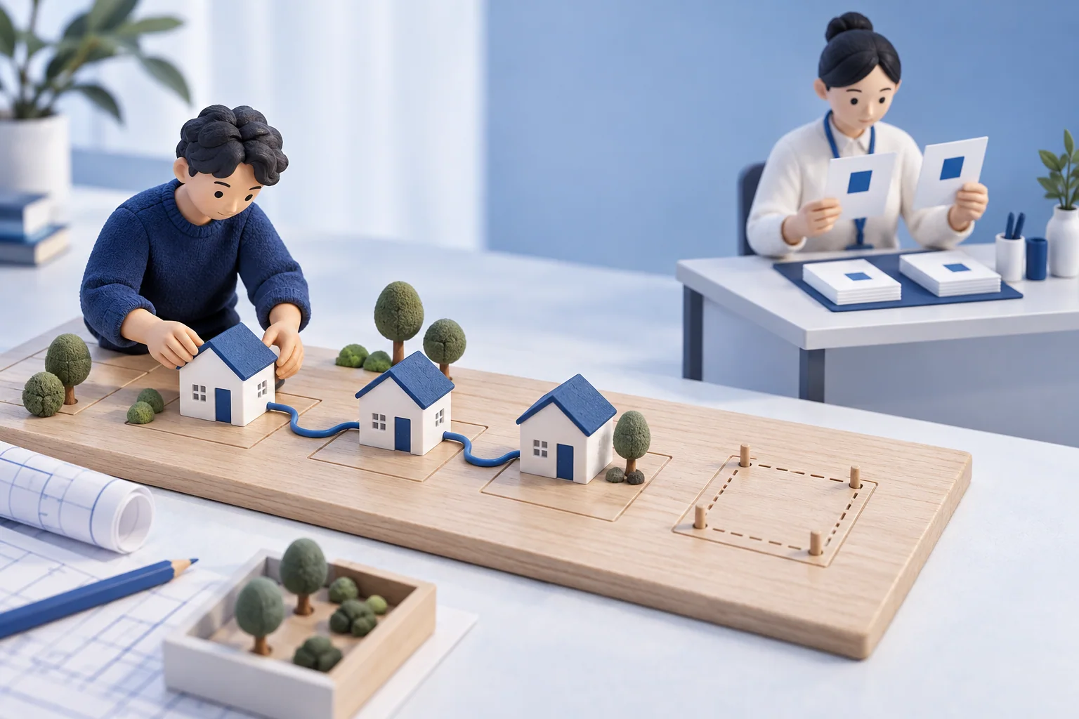 一人在模型板上规划扩建，另一人在旁边核对登记卡。
