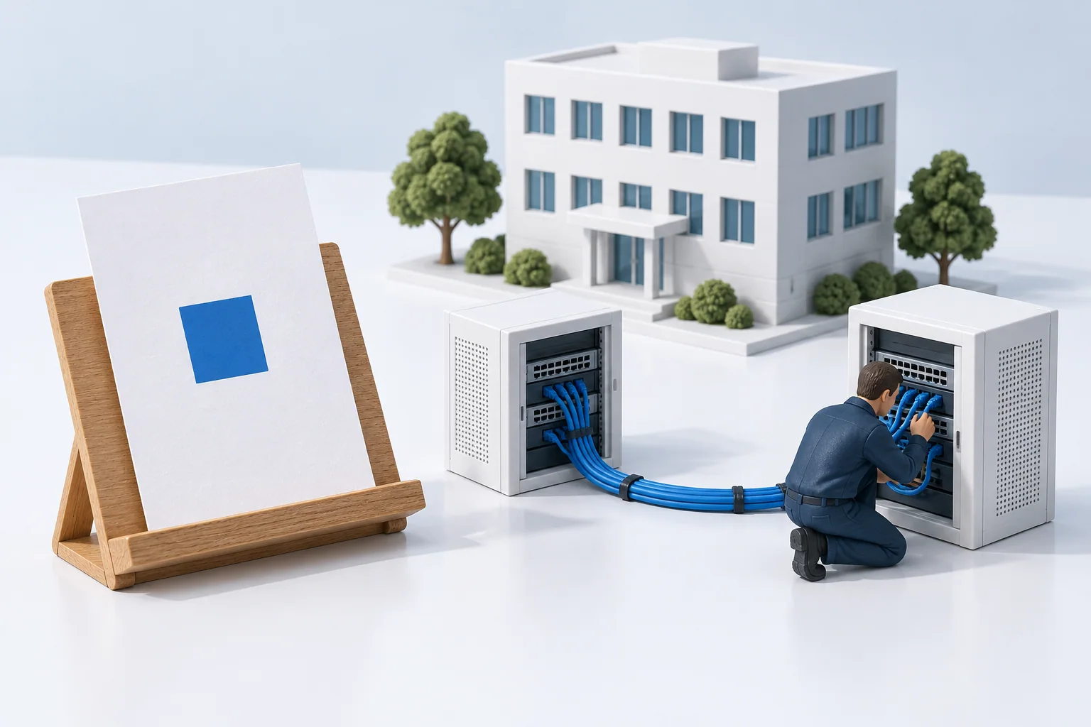 A paper record stands beside an engineer maintaining the cables between two network cabinets.