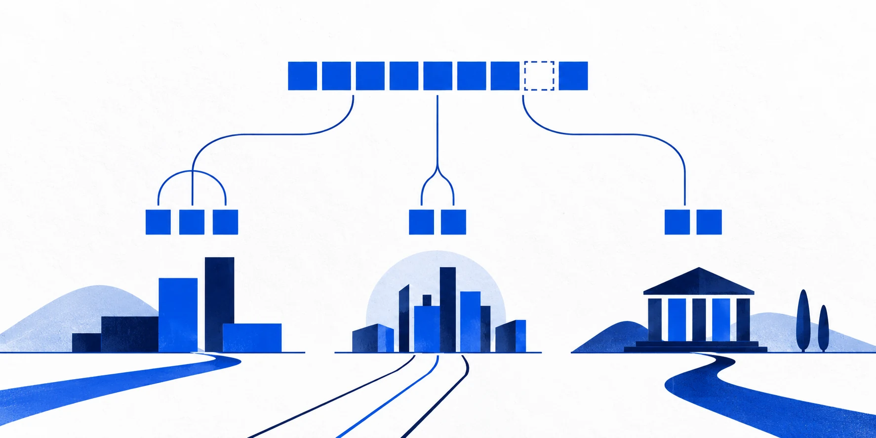 Blue address blocks divide into independent network paths across a white landscape