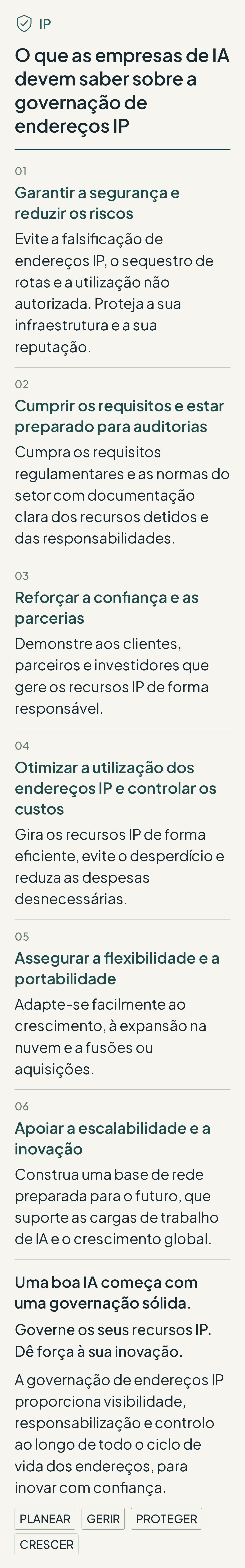 Infografia que apresenta seis prioridades de governação dos endereços IP para empresas de IA: segurança, conformidade, parcerias, utilização eficiente dos recursos, portabilidade e redes escaláveis.
