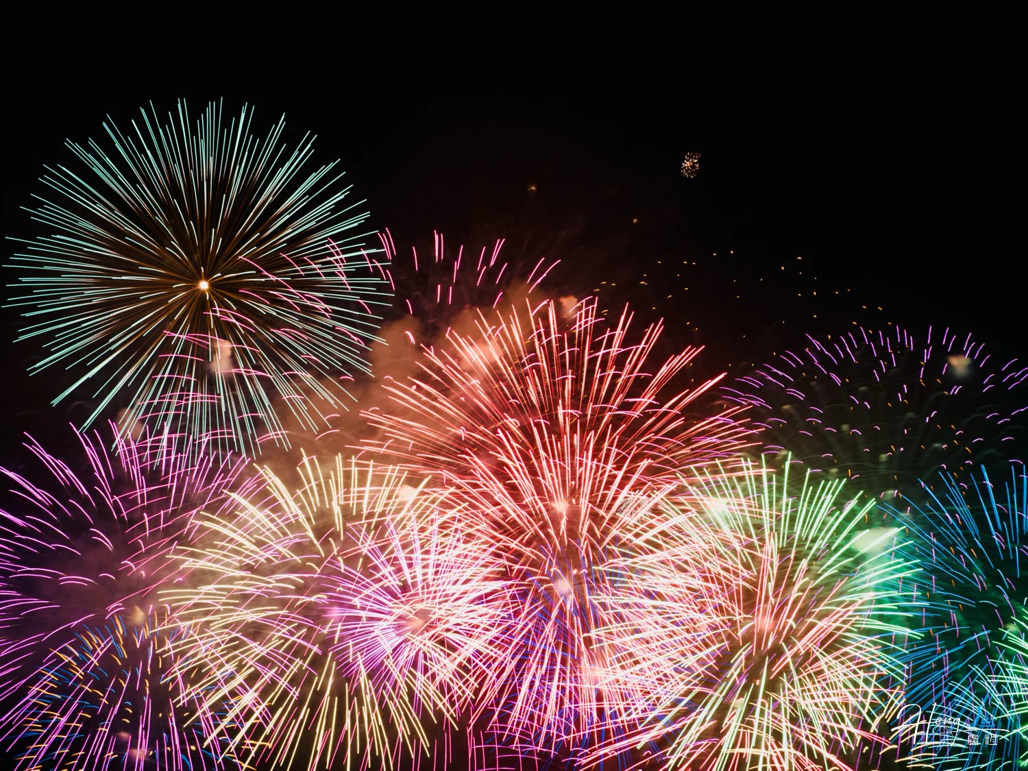 Bright multicolor fireworks filling night sky