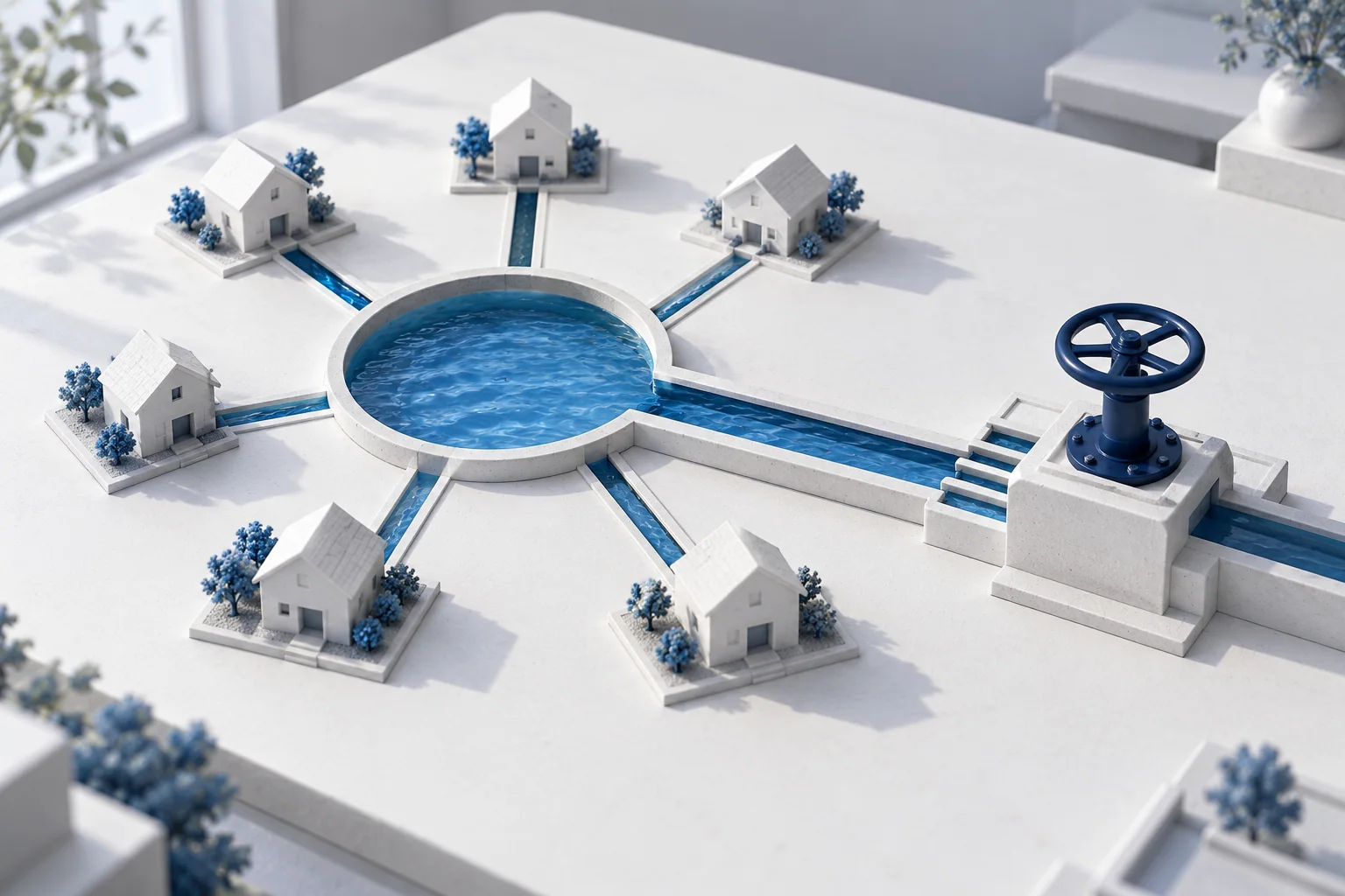 Modelo conceptual de varias casas conectadas a un depósito azul cuyo suministro depende de una sola rueda de control.