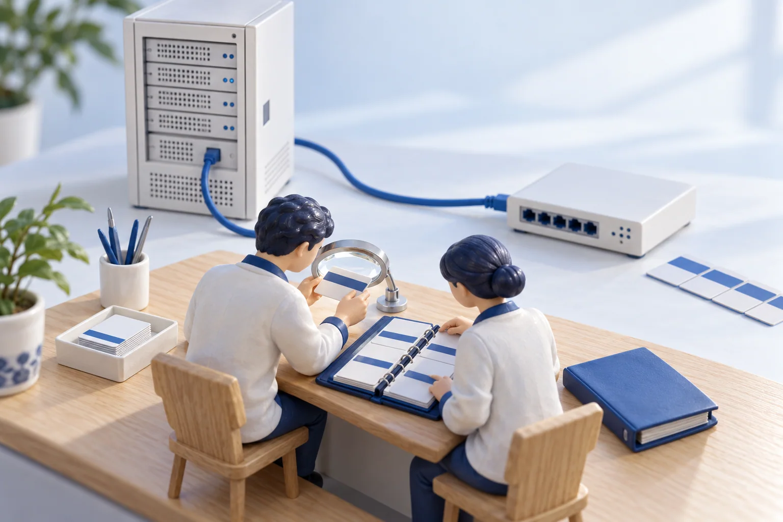 Two miniature technicians inspect cards in a binder while a server and network device remain connected behind them.