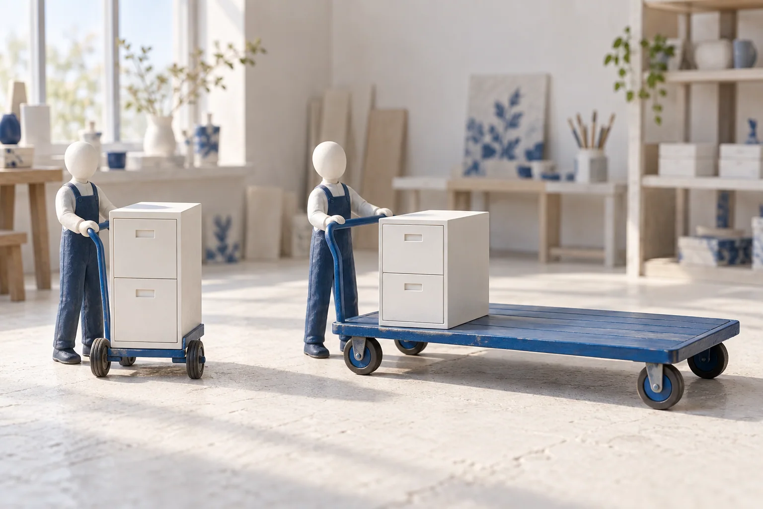 Two miniature operators move white filing cabinets on blue carts: a narrow trolley is full, while a broad flatbed still has ample space.