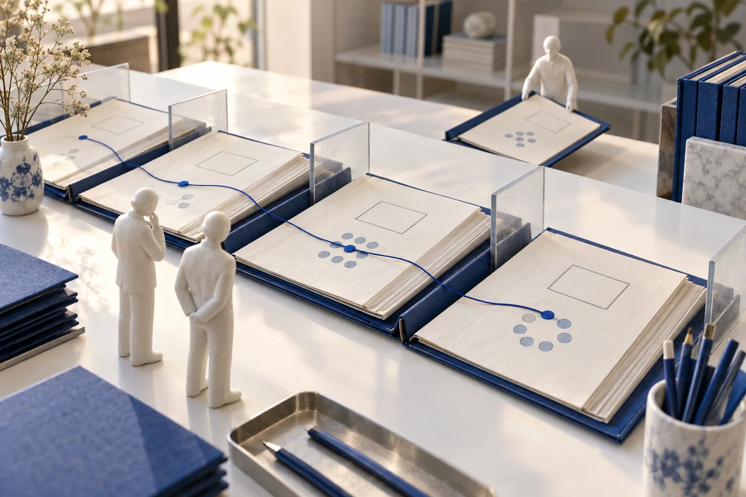 Conceptual archive with open blue folders behind low glass dividers, linked by a blue cord as people read and add another folder.