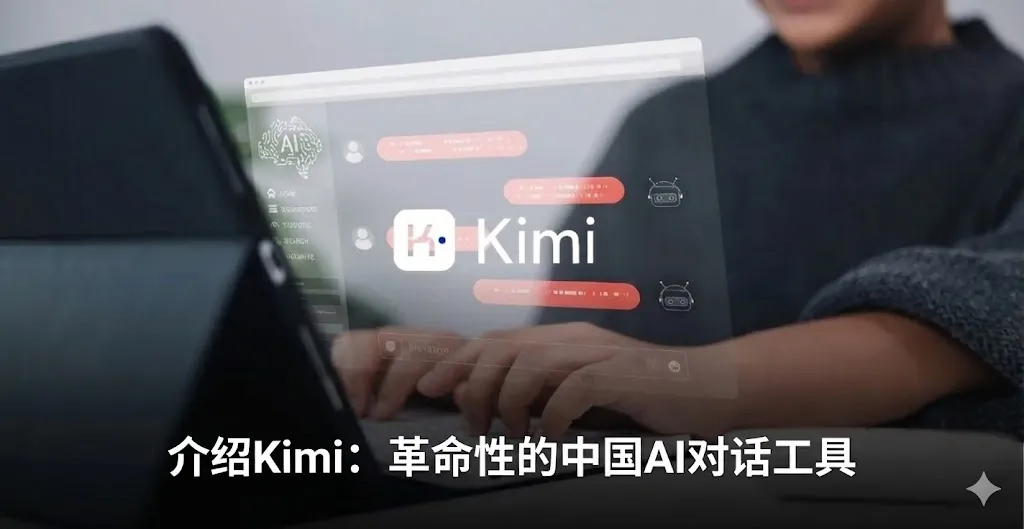 一张展现科技感的图片，背景中一名用户正在使用平板电脑和键盘。屏幕前方悬浮着一个半透明的对话界面，中心显示着“Kimi”的标志。图片下方配有醒目的白色中文文字：“介绍 Kimi：革命性的中国 AI 对话工具”