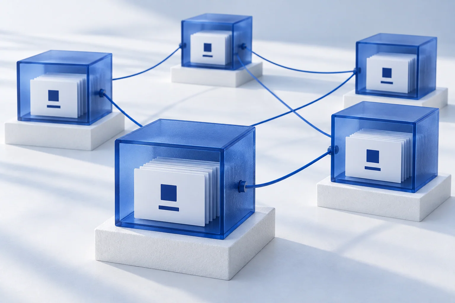 Ilustración conceptual de cinco cajas de archivo azules del mismo tamaño, con registros idénticos y conexiones directas entre ellas.