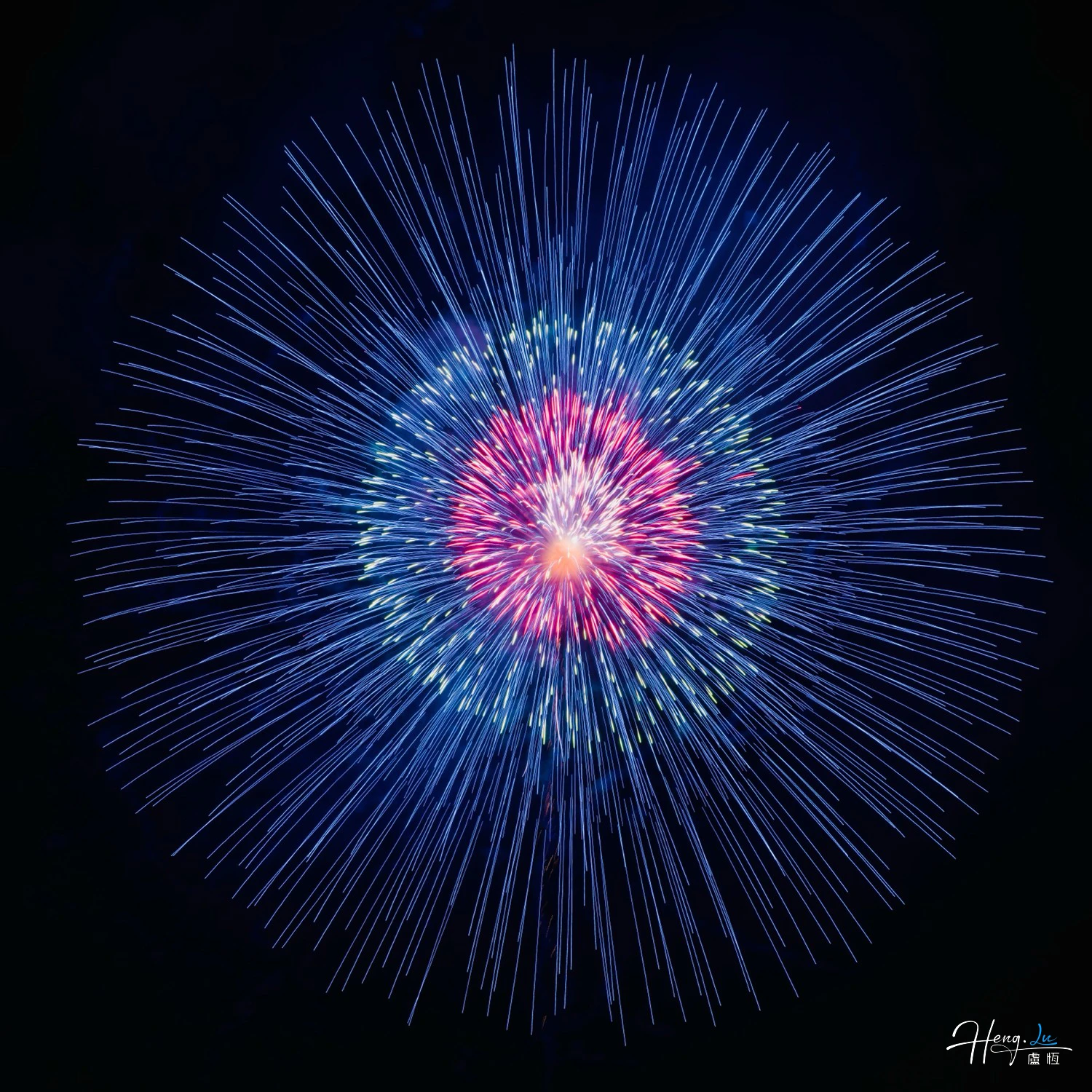 Circular Blue and Red Firework Burst Pattern Against Dark Night Sky