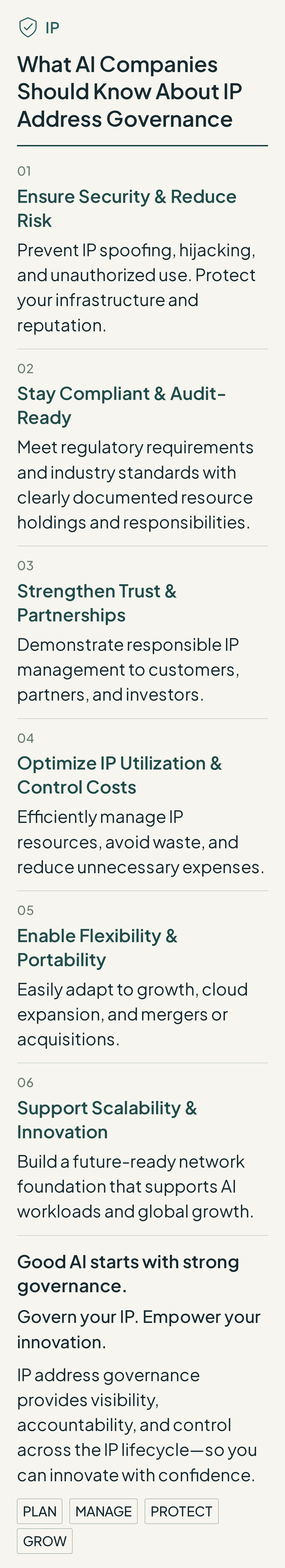 Infographic showing six IP governance priorities for AI companies: security, compliance, partnerships, efficient resource use, portability and scalable networks.