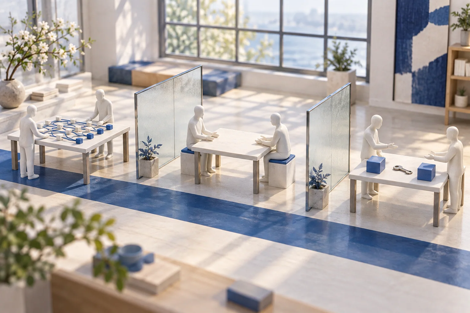 Atelier conceptuel avec trois tables distinctes consacrées aux connexions réseau, à la médiation et aux droits sur les ressources, reliées par une allée bleue.