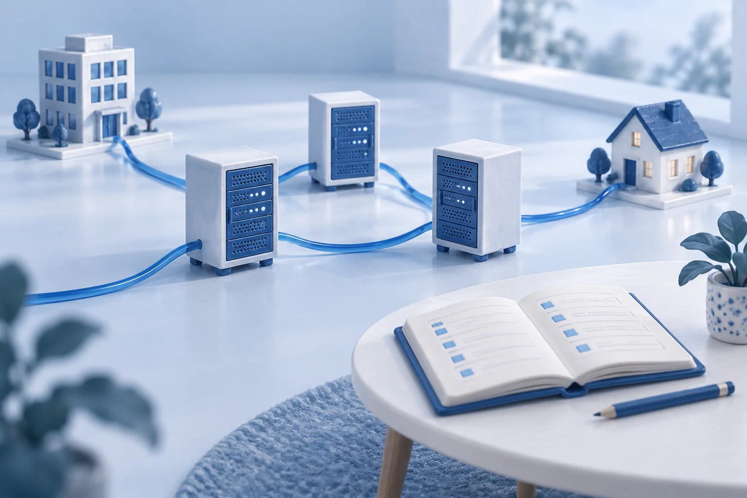 Conceptual illustration of an open register on a side table, beside three interconnected servers linking an office and a home.