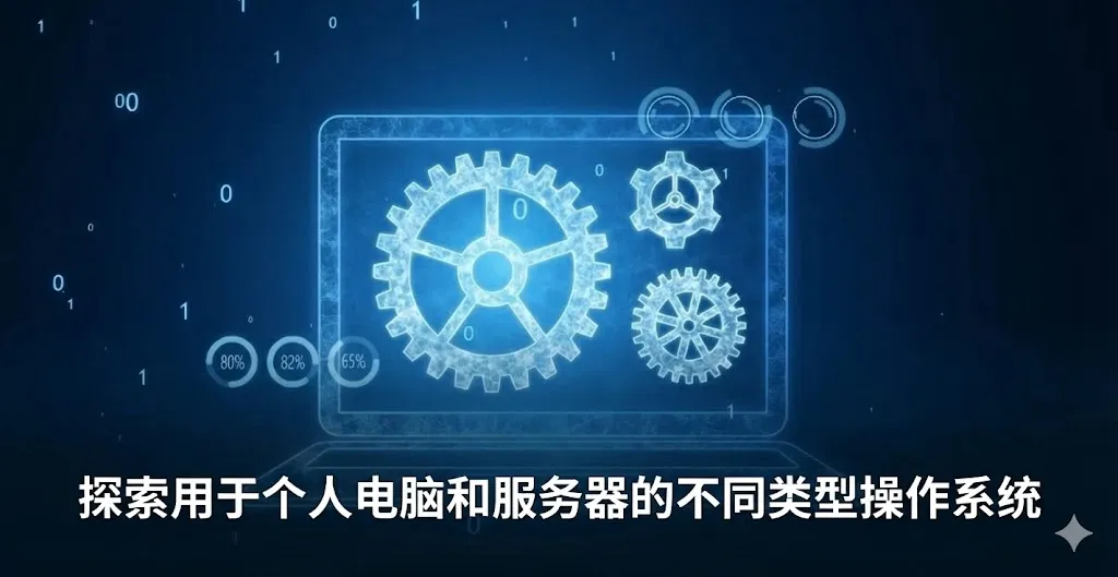 这是一张具有科技感的深蓝色背景图片，中心展示了一个发光的笔记本电脑轮廓。屏幕内有三个相互咬合的蓝色线条齿轮，象征着操作系统的核心运作机制。背景散布着数字“0”和“1”的二进制代码，以及百分比进度圈。图片下方覆盖着白色粗体中文字幕：“探索适用于个人电脑和服务器的不同操作系统类型”