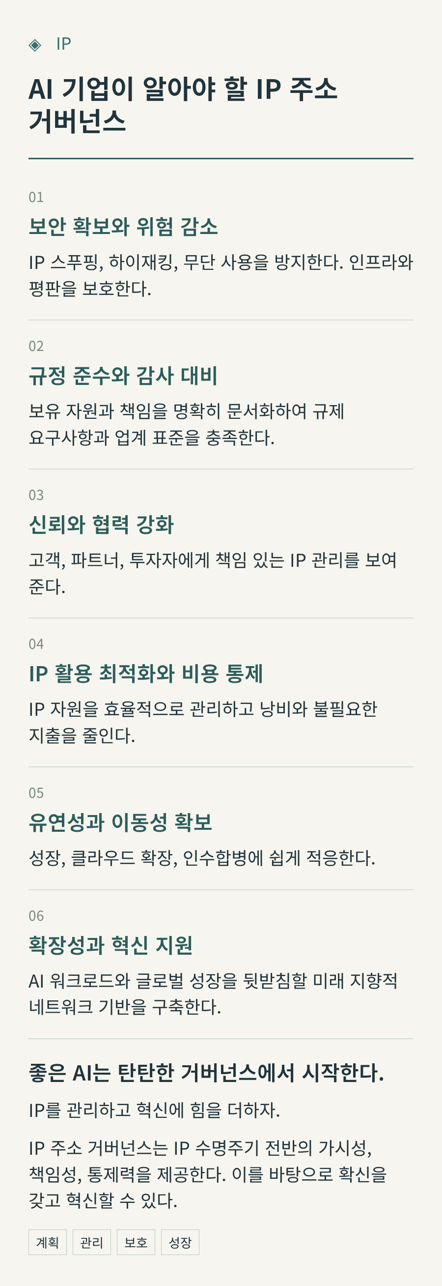 보안, 규정 준수, 파트너십, 효율적인 자원 활용, 이동성, 확장 가능한 네트워크라는 AI 기업의 여섯 가지 IP 거버넌스 우선순위를 보여 주는 인포그래픽.