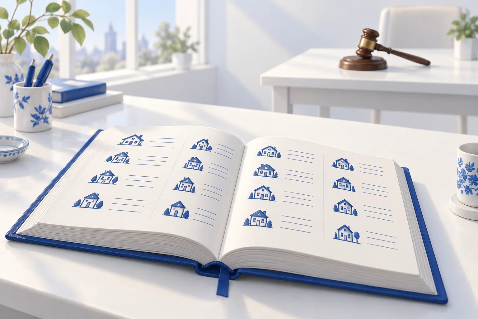 Illustration conceptuelle d’un carnet d’adresses illustré de maisons, sur une table distincte de celle où repose un marteau de juge.