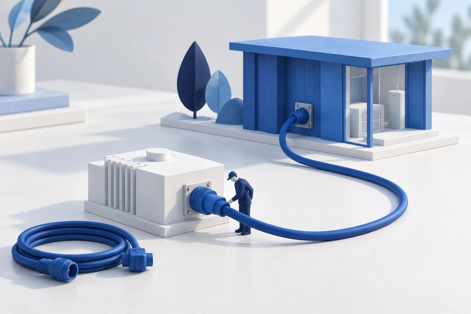 A blue pavilion connects by cable to a white test station, beside a spare cable and a small technician figure.