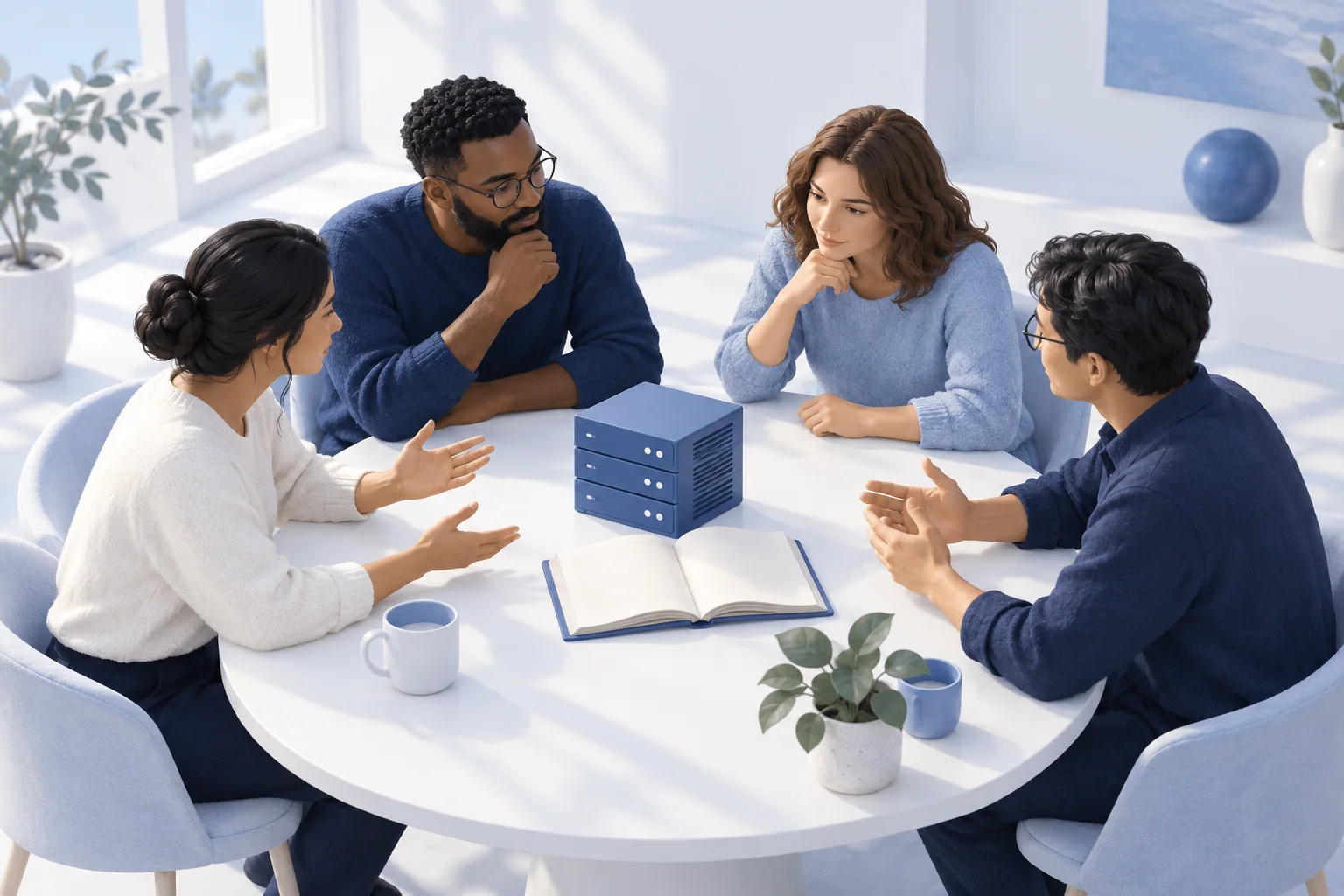 Illustration conceptuelle de quatre personnes autour d’une table ronde blanche, avec un petit serveur bleu et un registre ouvert.