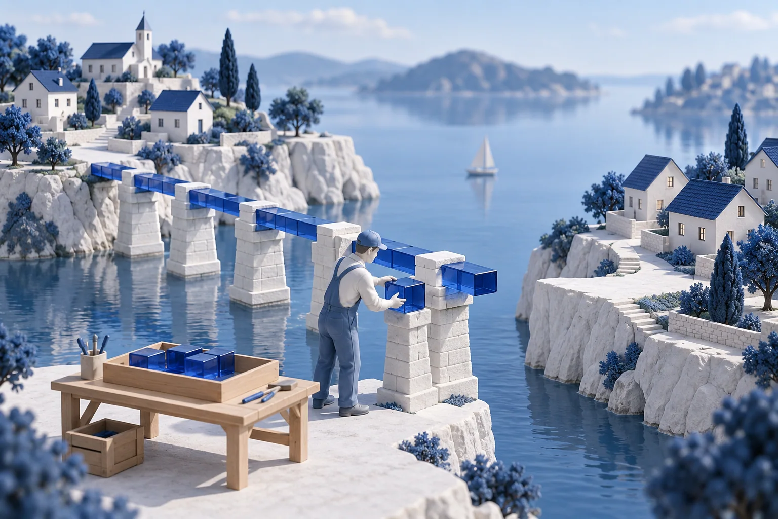 Maqueta conceptual de una persona que utiliza bloques azules de una bandeja abierta para ampliar un puente entre dos poblaciones.