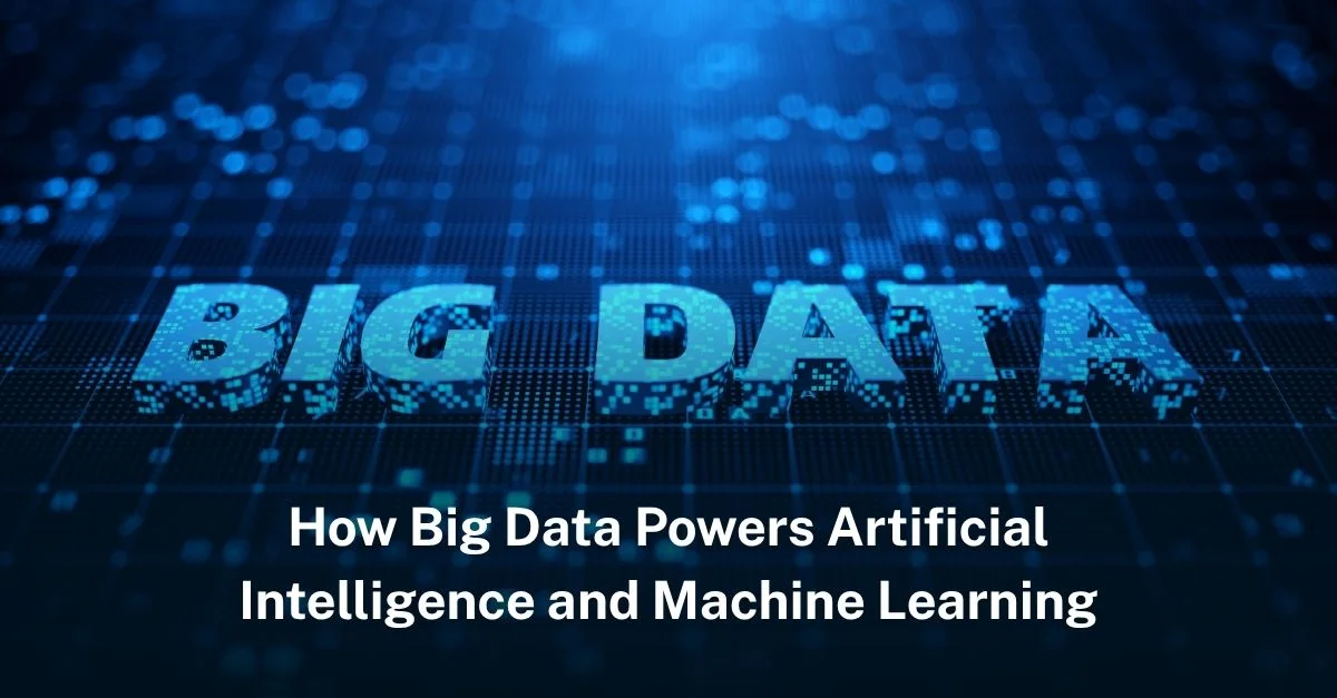 Der Schriftzug „BIG DATA“ auf einem blauen digitalen Raster, mit einer Überschrift über Daten als Antrieb für künstliche Intelligenz und maschinelles Lernen.