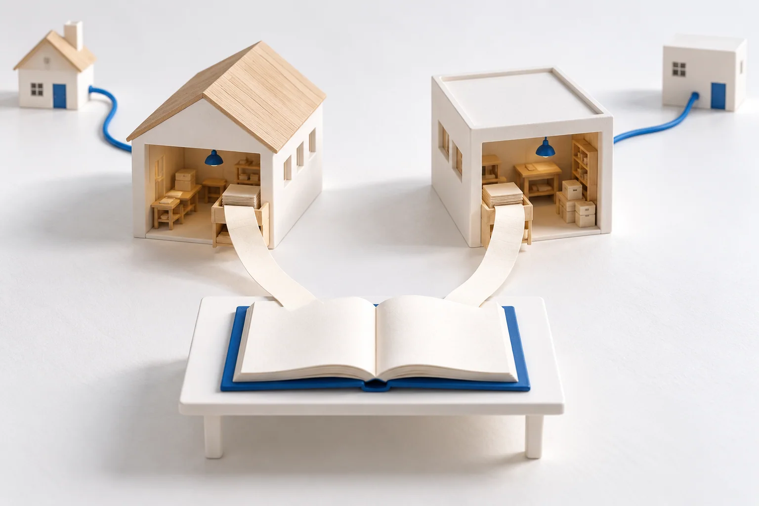Paper strips from two miniature provider workshops lead to one register, while separate blue cables connect their buildings.