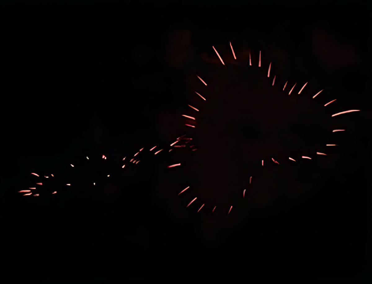 Red Firework Trails Forming Heart Shape In Dark Sky
