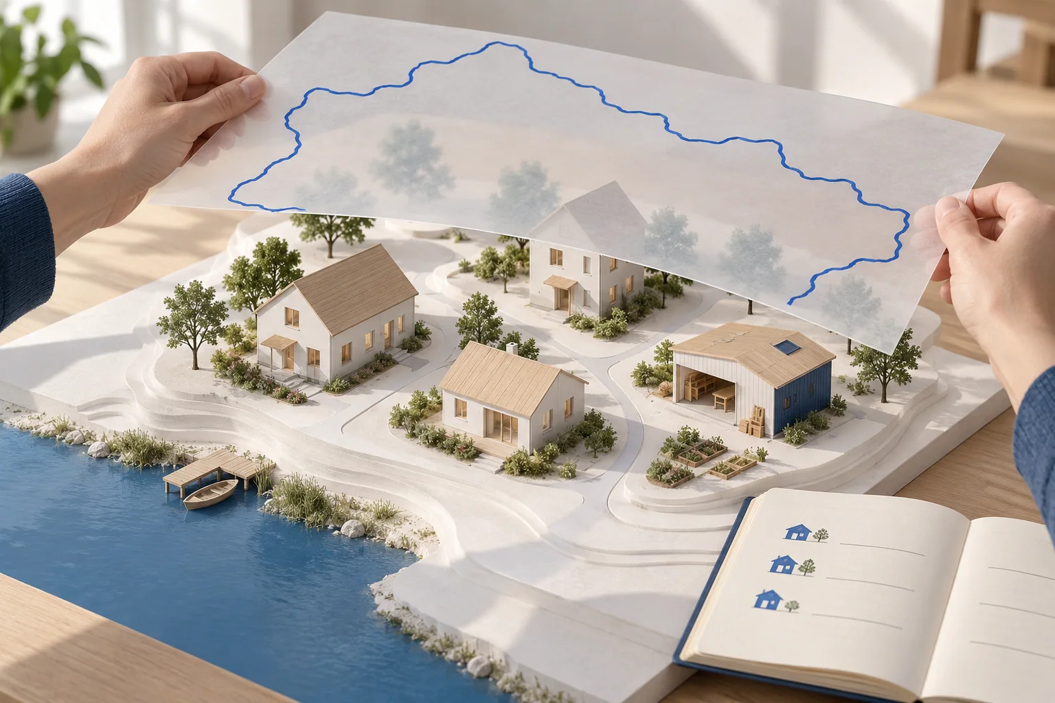 Hands lift a translucent sheet with a blue boundary above a miniature neighborhood, beside an open register.