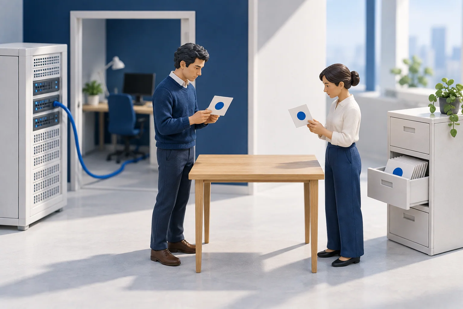 A network operator and a record keeper examine matching blue markers beside separate network equipment and a records cabinet.