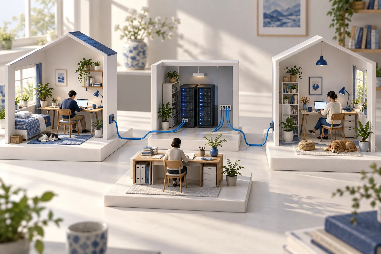 Two miniature home offices connect to a server room, with a separate record desk between them.