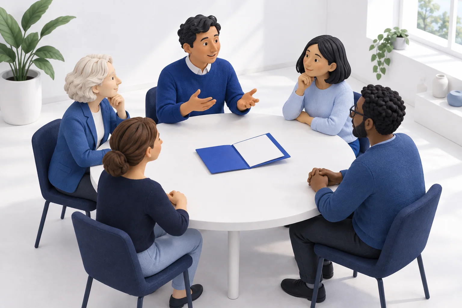 Illustration of five people discussing an open folder around a round table, seated on equal chairs.