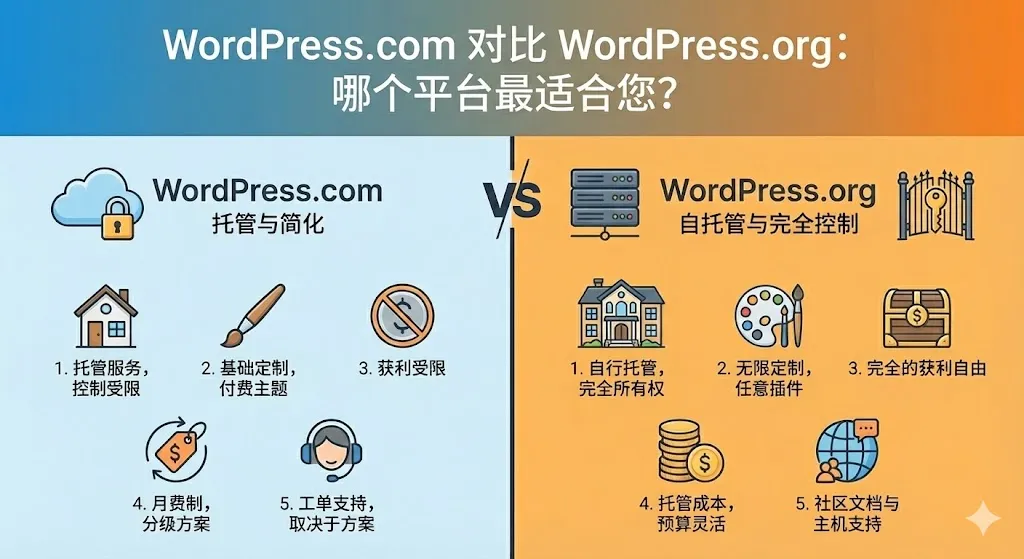 一张专业的对比图，旨在展示 WordPress.com 和 WordPress.org 之间的核心区别。图片采用左右对比的布局，左侧代表 WordPress.com，配有简约的托管服务图标；右侧代表 WordPress.org，配有象征技术掌控的设置图标。中间醒目地印有“VS”字样。图片底部覆盖着清晰的白色中文字体，标题为“WordPress.com 与 WordPress.org：哪个平台最适合您？”