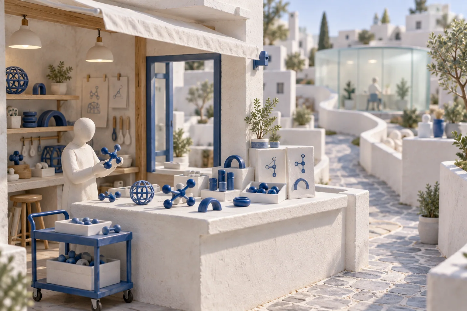 Miniature workshop with blue components displayed on an open counter; a winding path leads to a separate glass office in the background.