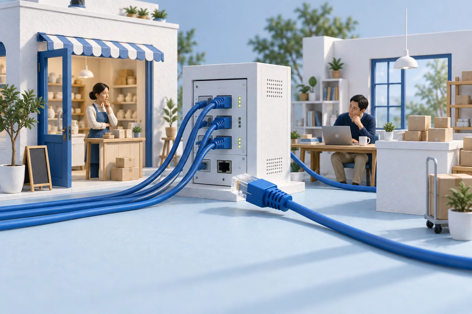A disconnected blue cable sits in front of the network that links a shop, desk and delivery counter.