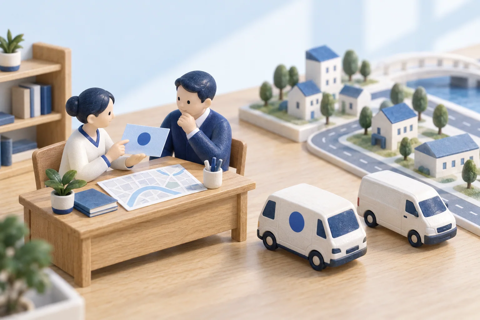 Deux personnages comparent une carte d’autorisation au signe porté par un véhicule de livraison, près d’une maquette de quartier.