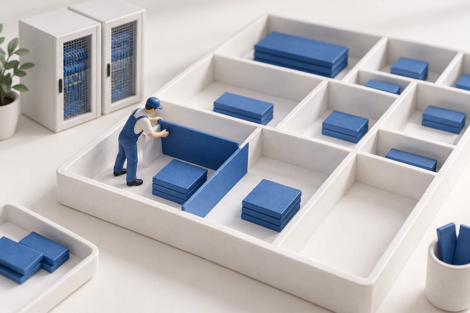 A miniature technician moves a blue divider inside a white tray, separating address tiles into compartments of different sizes.