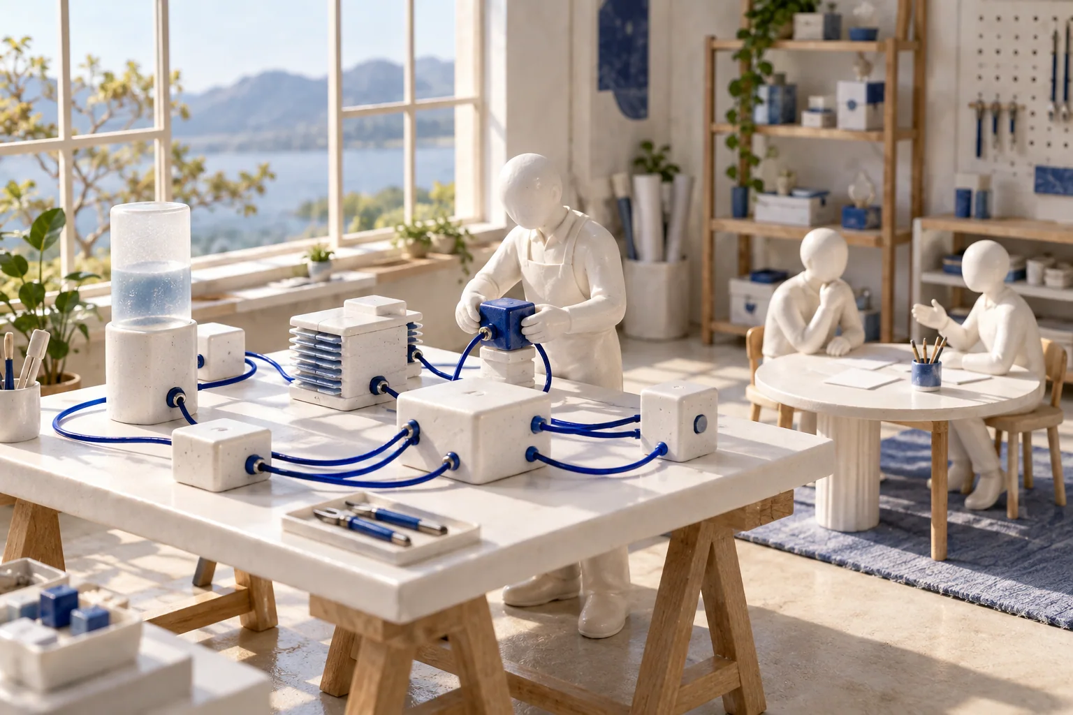 Un ingénieur miniature relie des câbles bleus et des modules blancs sur un établi ; deux autres figurines discutent à une table voisine.