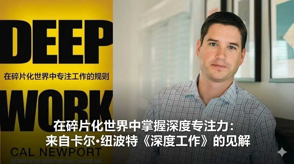 一张结合了书籍封面与作者形象的中文创意图片。左侧是卡尔·纽波特(Cal Newport)的畅销书《Deep Work》(深度工作)封面,采用醒目的黄黑配色。右侧是作者卡尔·纽波特身穿格子衬衫、表情专注且平和的半身肖像。整张图片风格简约干净,象征着高效与专注。图片下方覆盖着醒目的白色中文字体,标题为“卡尔·纽波特《深度工作》:在碎片化世界中掌握深度专注力”。