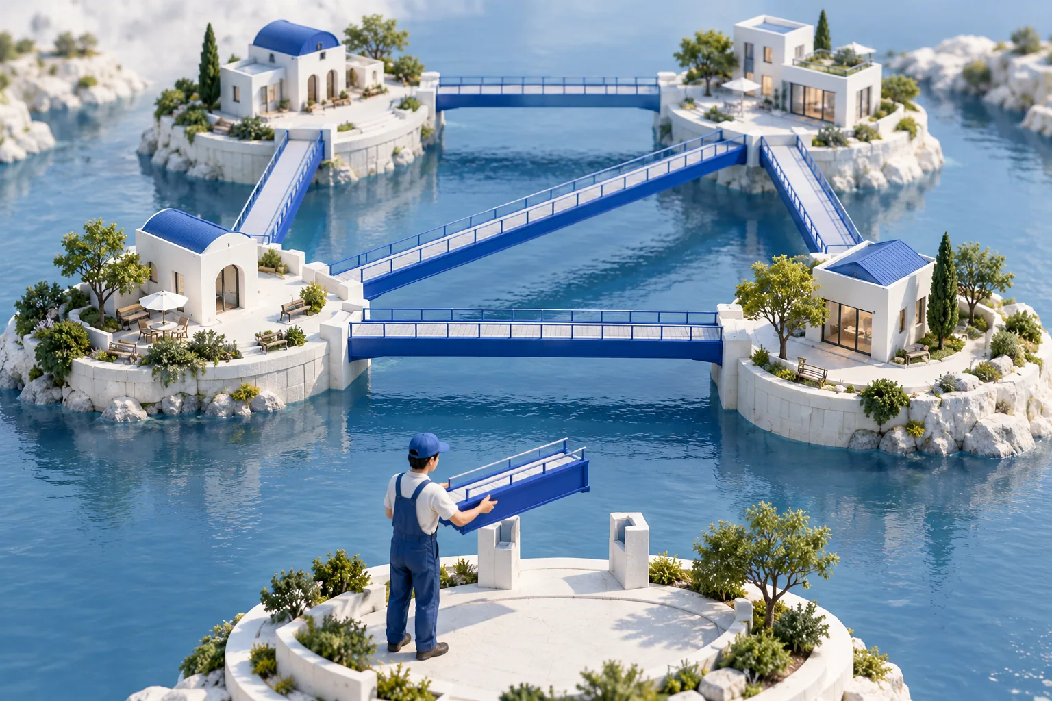 Conceptual model of four islands linked by a ring of blue bridges and a diagonal crossing, with a builder holding another bridge on a fifth island.