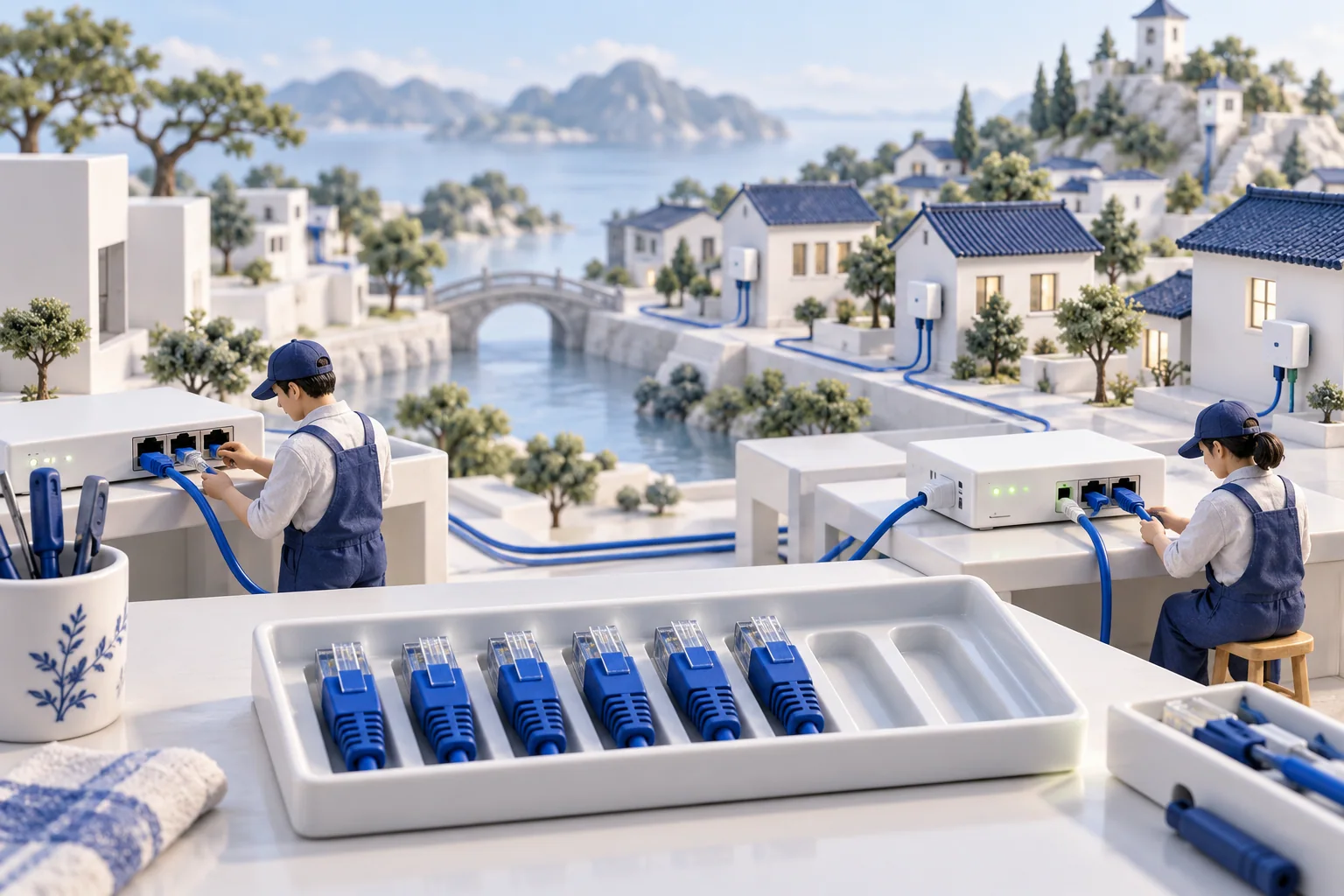 Escena conceptual en miniatura de dos operadores que usan una bandeja limitada de conectores azules para conectar equipos y un barrio.