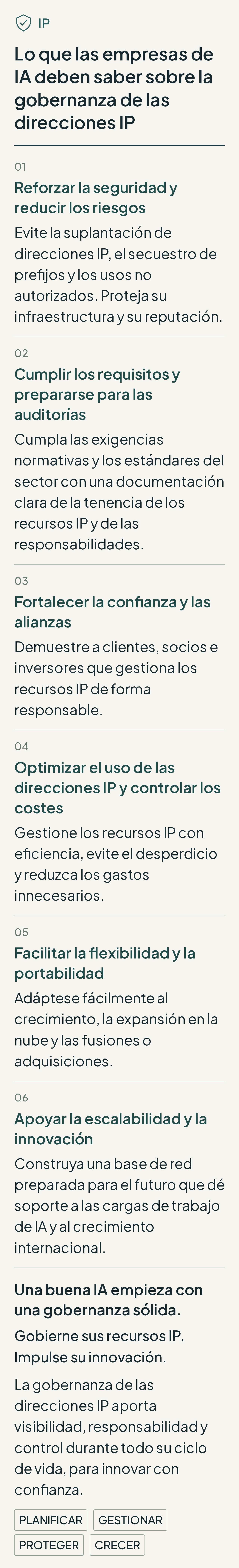 Infografía que muestra seis prioridades de gobernanza de IP para las empresas de IA: seguridad, cumplimiento normativo, alianzas, uso eficiente de los recursos, portabilidad y redes escalables.