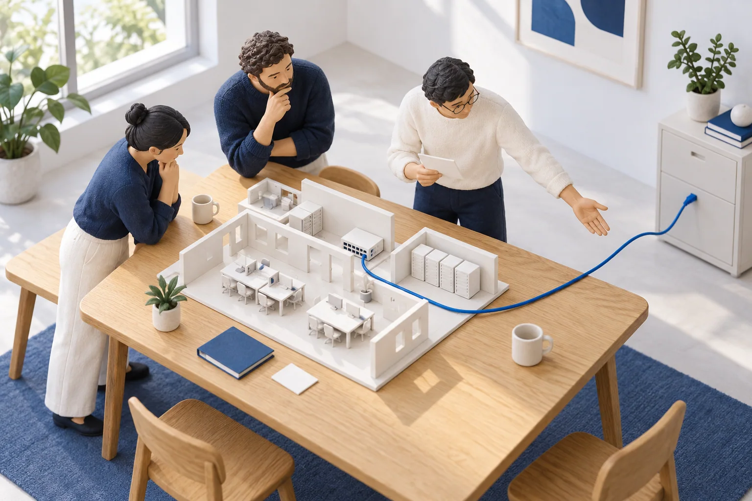 Three people examine a tabletop network model and trace its connection to an external records cabinet.