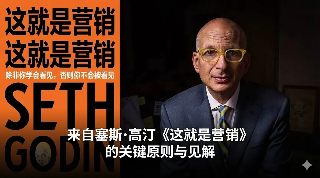 一张结合了书籍设计与作者形象的中文创意图片。左侧是赛斯·高汀（Seth Godin）的著作《这就是营销》（This Is Marketing）的橙色醒目封面，上面印有书名和副标题“在你学会看人之前，你无法被看见”。右侧是作者赛斯·高汀带着标志性眼镜、面带睿智微笑的近照。图片中央下方印有醒目的白色中文字体，标题为“赛斯·高汀《这就是营销》核心原则与见解”