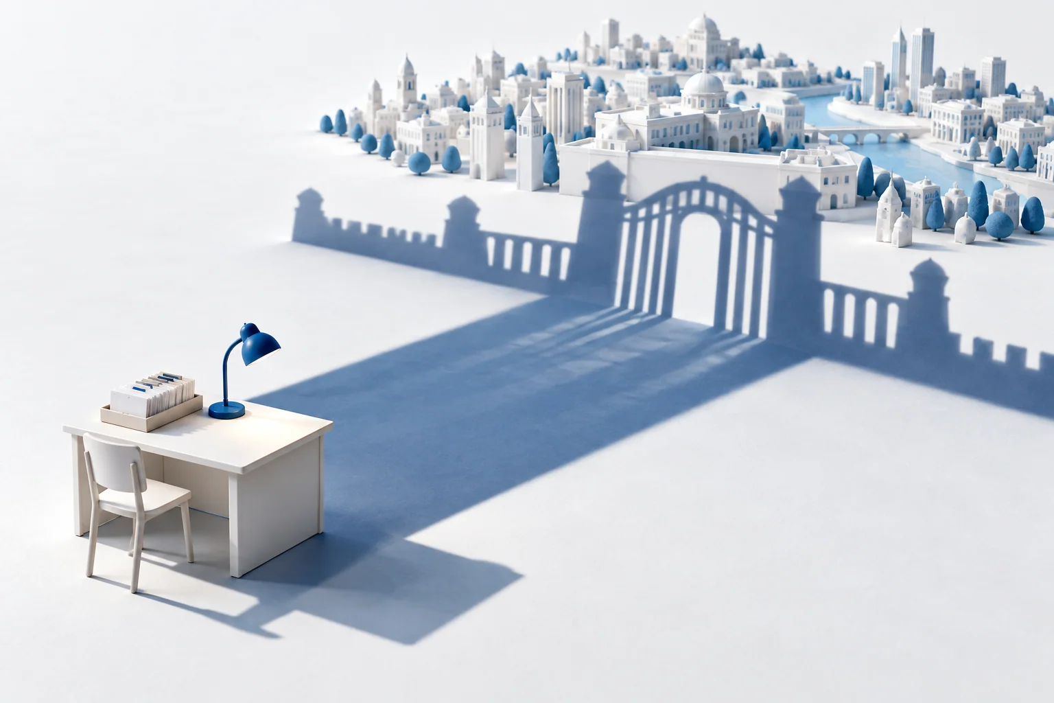 A small registry desk casts the shadow of a gate around a much larger city.