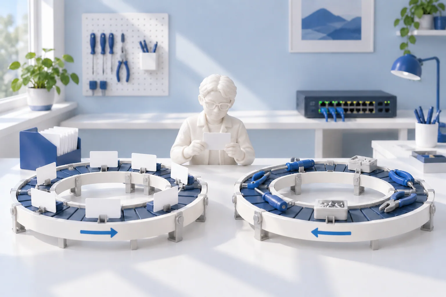 Modelo conceptual de un técnico junto a dos cintas circulares por las que vuelven a pasar tarjetas de mantenimiento en blanco y herramientas.