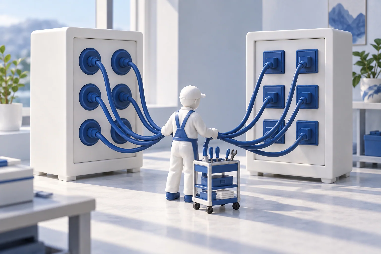 Conceptual technician with a tool trolley tending two service cabinets, one with circular blue sockets and one with square blue sockets.