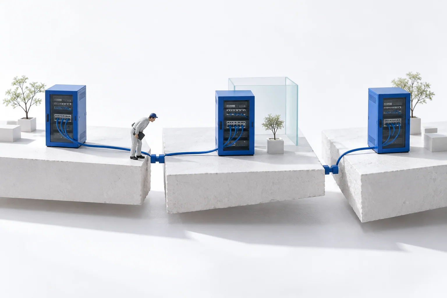 Working network cabinets span separate platforms with uneven joints between them.