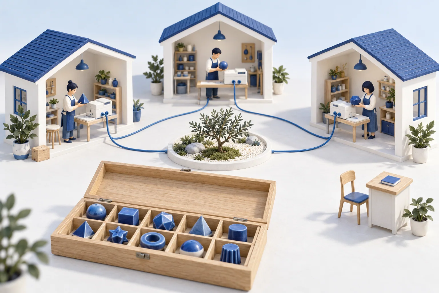 Three independent workshops connect around an open courtyard, beside a case of distinct blue tokens.