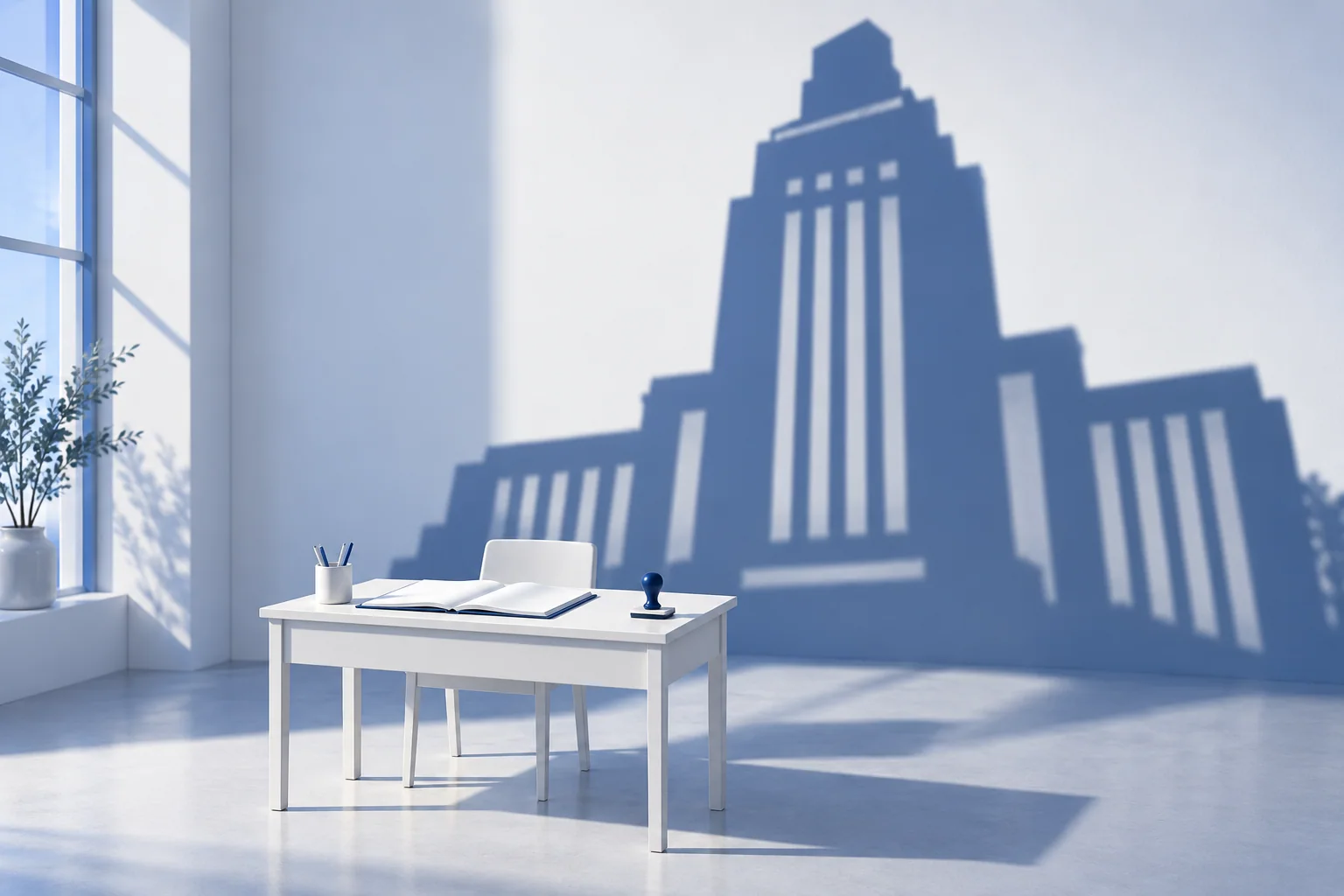 Scène conceptuelle montrant un petit bureau, un registre et un tampon sous une immense ombre en forme de bâtiment administratif.