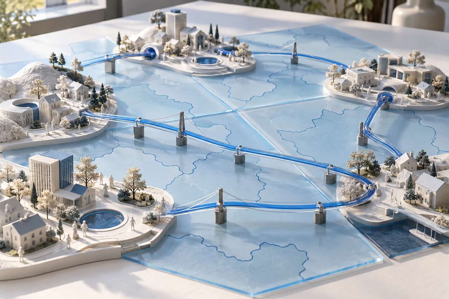 Conceptual neighborhoods connected by blue bridges above translucent map panels with abstract boundaries.