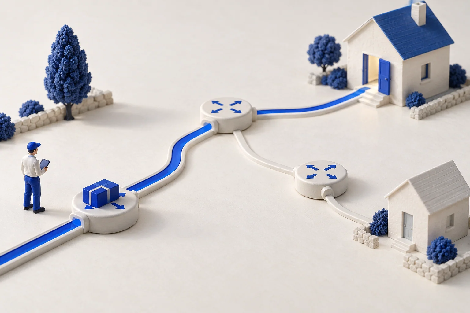A blue parcel follows a branching route through small router models toward an open house, beside a network technician.
