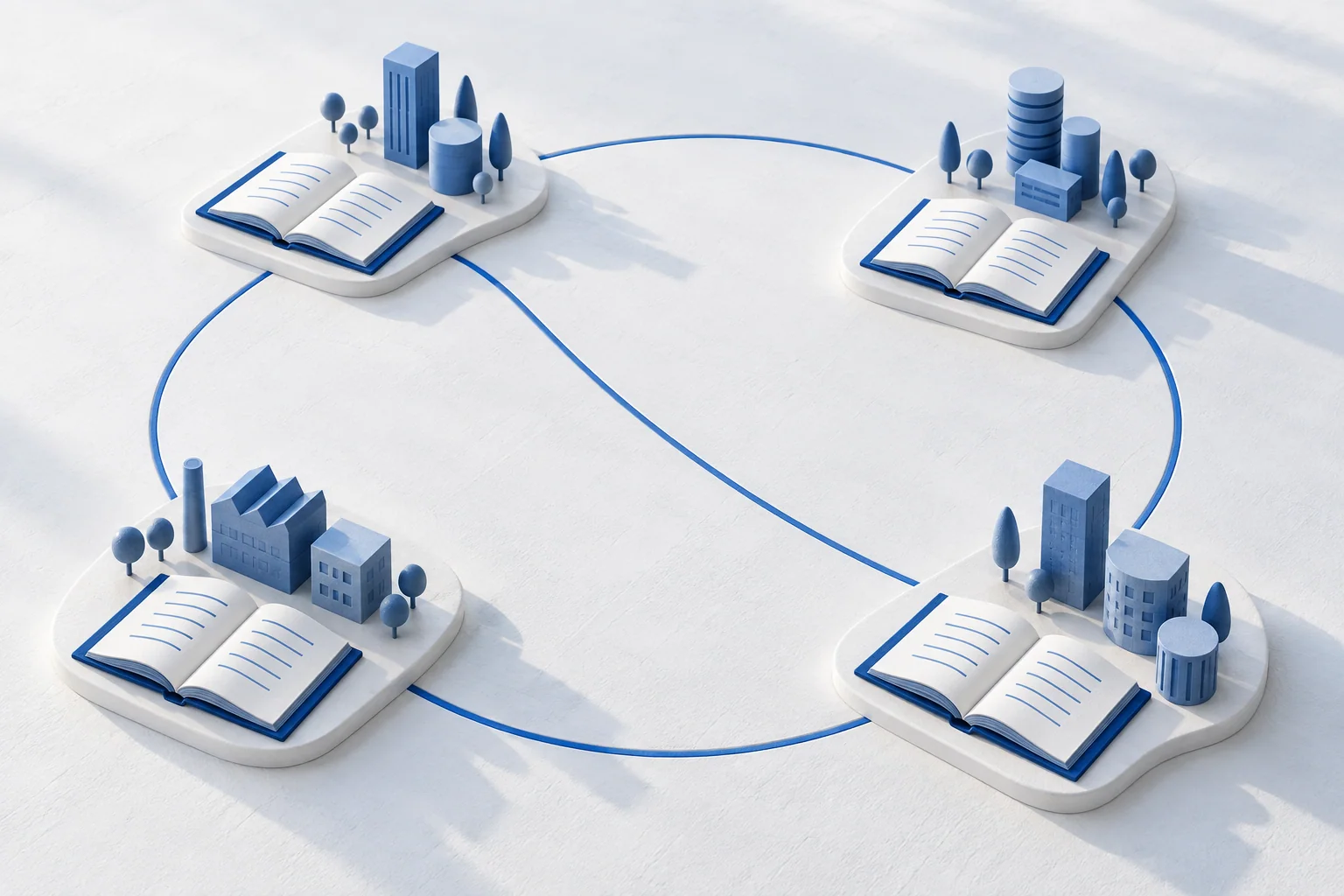 Illustration of four separate groups of blue buildings, each with its own open register, joined by blue paths.